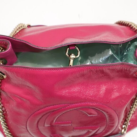 GUCCI Vernice Naplack Medium Soho Chain Shoulder Bag Bright Bouganville - Picture 9 of 14